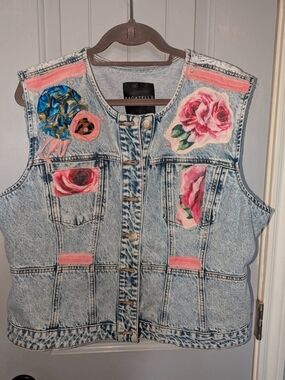 Bagatelle Denim Vest with Pink Rose Appliqués